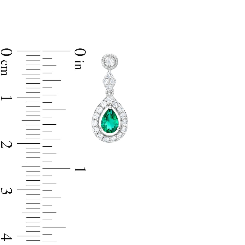 Main Image 3 of Pear Lab-Created Emerald and White Lab-Created Sapphire Vintage-Style Pendant and Drop Earrings Set in Sterling Silver