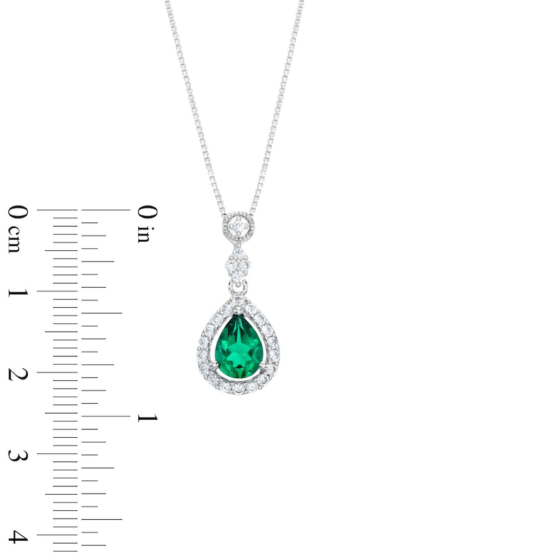 Main Image 4 of Pear Lab-Created Emerald and White Lab-Created Sapphire Vintage-Style Pendant and Drop Earrings Set in Sterling Silver