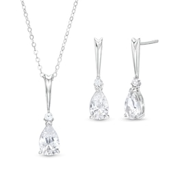 Elongated Pear-Shaped White Lab-Created Sapphire Pendant and Drop Earrings Set in Sterling Silver