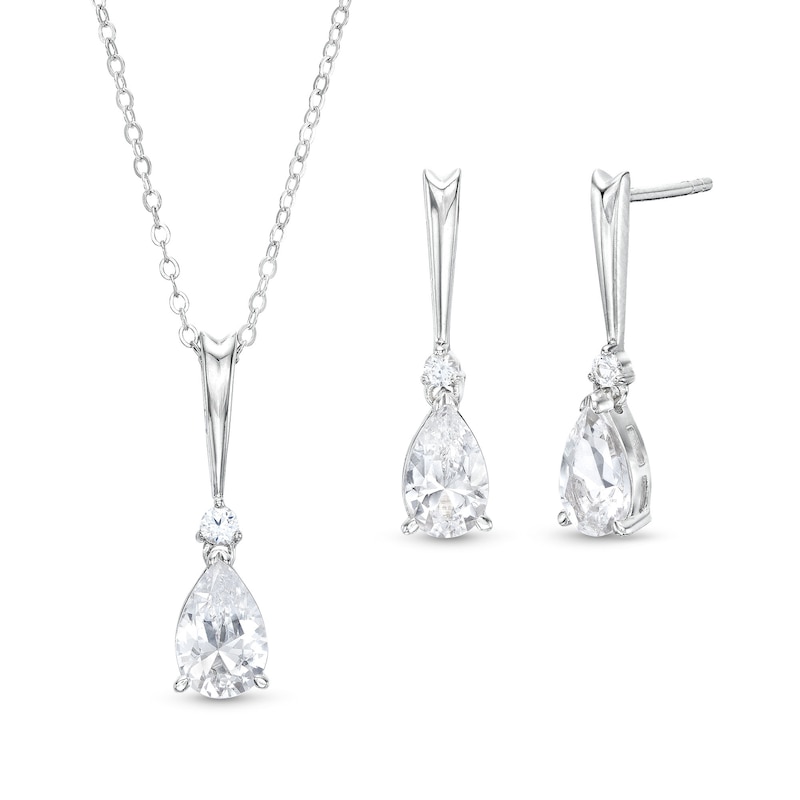 Main Image 1 of Elongated Pear-Shaped White Lab-Created Sapphire Pendant and Drop Earrings Set in Sterling Silver