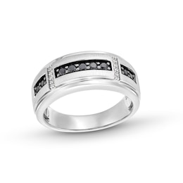 3/8 CT. T.W. Black and White Diamond Trio Station Wedding Band in 10K White Gold