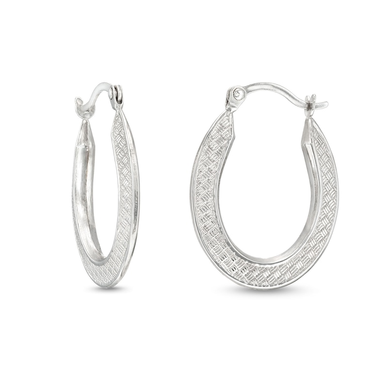 Basket Textured Oval Hoop Earrings in 14K White Gold