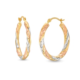 25.0mm Twist Oval Hoop Earrings in Hollow 14K Tri-Tone Gold