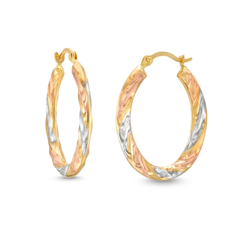 Main Image 1 of 25.0mm Twist Oval Hoop Earrings in Hollow 14K Tri-Tone Gold