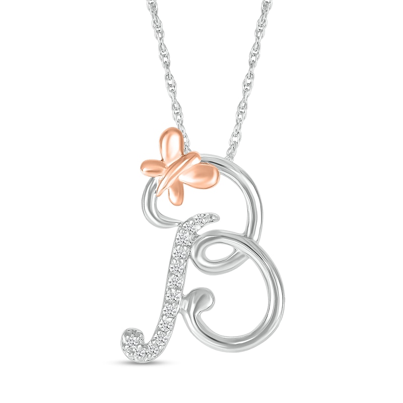 Main Image 1 of 1/20 CT. T.W. Diamond Cursive &quot;B&quot; with Butterfly Pendant in Sterling Silver and 10K Rose Gold