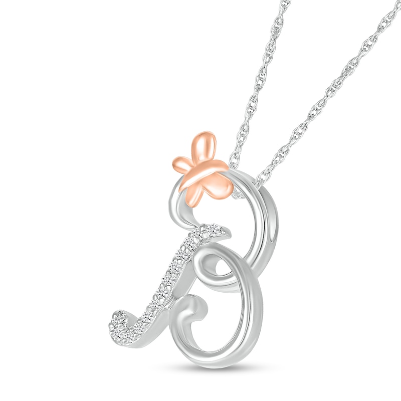 Main Image 2 of 1/20 CT. T.W. Diamond Cursive &quot;B&quot; with Butterfly Pendant in Sterling Silver and 10K Rose Gold