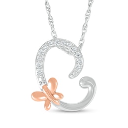 1/20 CT. T.W. Diamond Cursive &quot;C&quot; with Butterfly Pendant in Sterling Silver and 10K Rose Gold