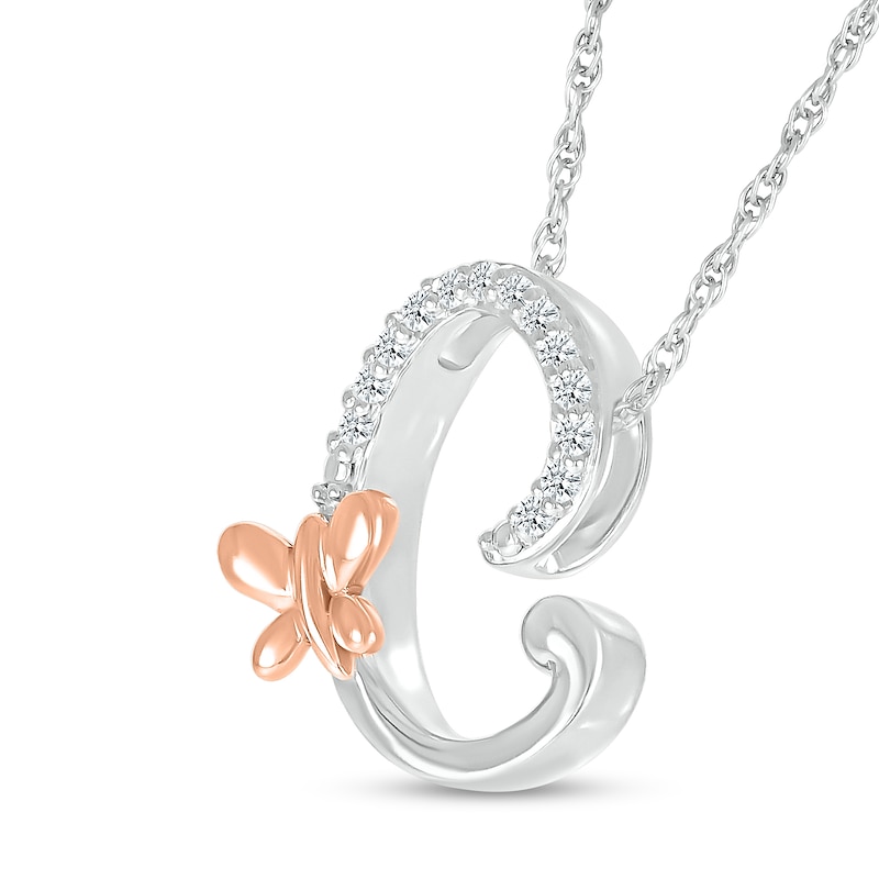 Main Image 2 of 1/20 CT. T.W. Diamond Cursive &quot;C&quot; with Butterfly Pendant in Sterling Silver and 10K Rose Gold