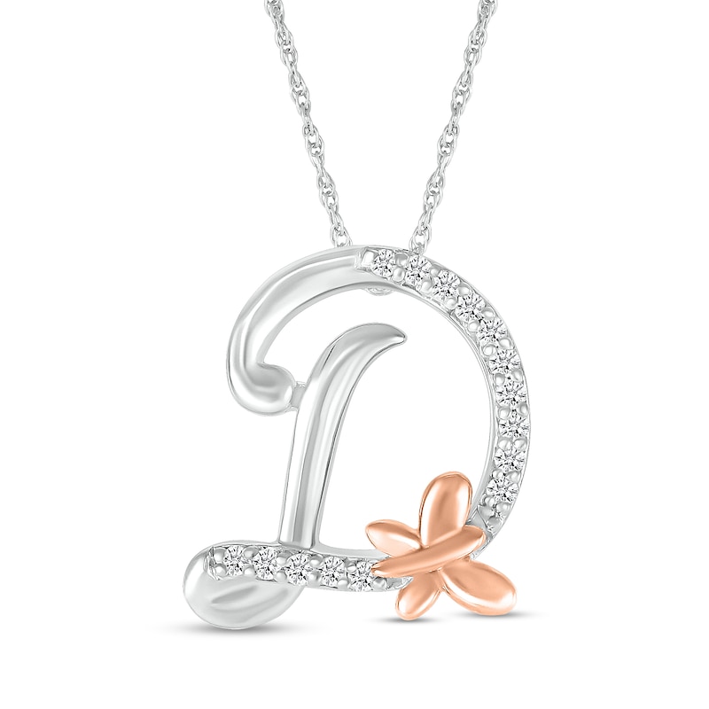 Main Image 1 of 1/20 CT. T.W. Diamond Cursive &quot;D&quot; with Butterfly Pendant in Sterling Silver and 10K Rose Gold