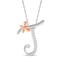 1/20 CT. T.W. Diamond Cursive &quot;J&quot; with Butterfly Pendant in Sterling Silver and 10K Rose Gold