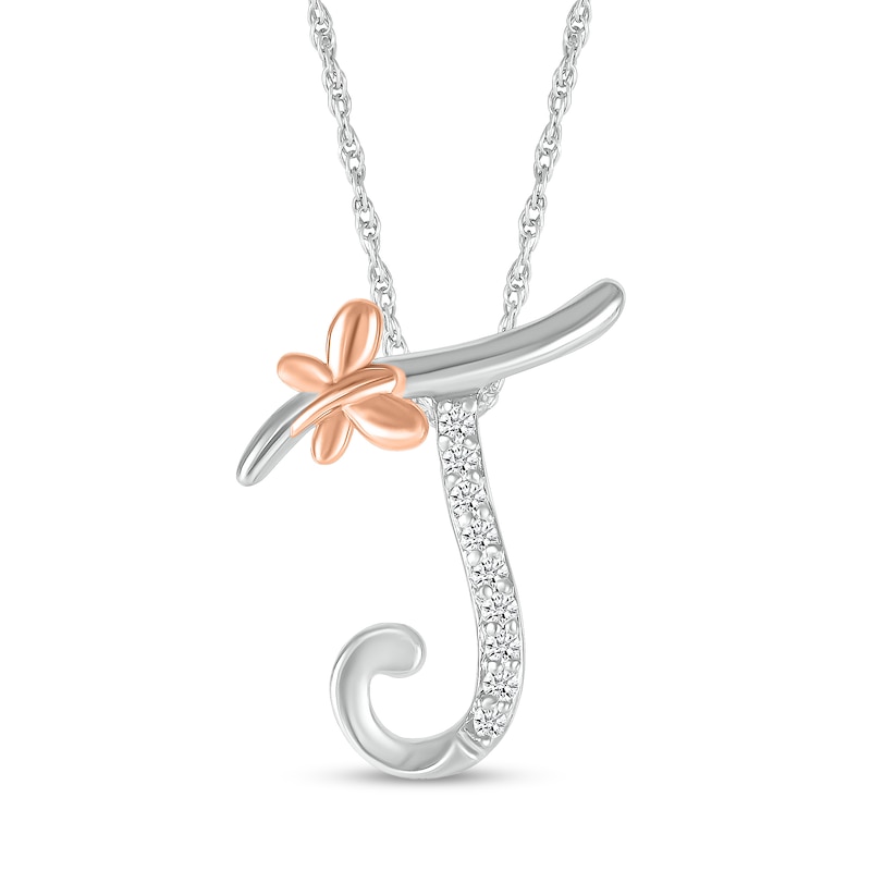 Main Image 1 of 1/20 CT. T.W. Diamond Cursive &quot;J&quot; with Butterfly Pendant in Sterling Silver and 10K Rose Gold