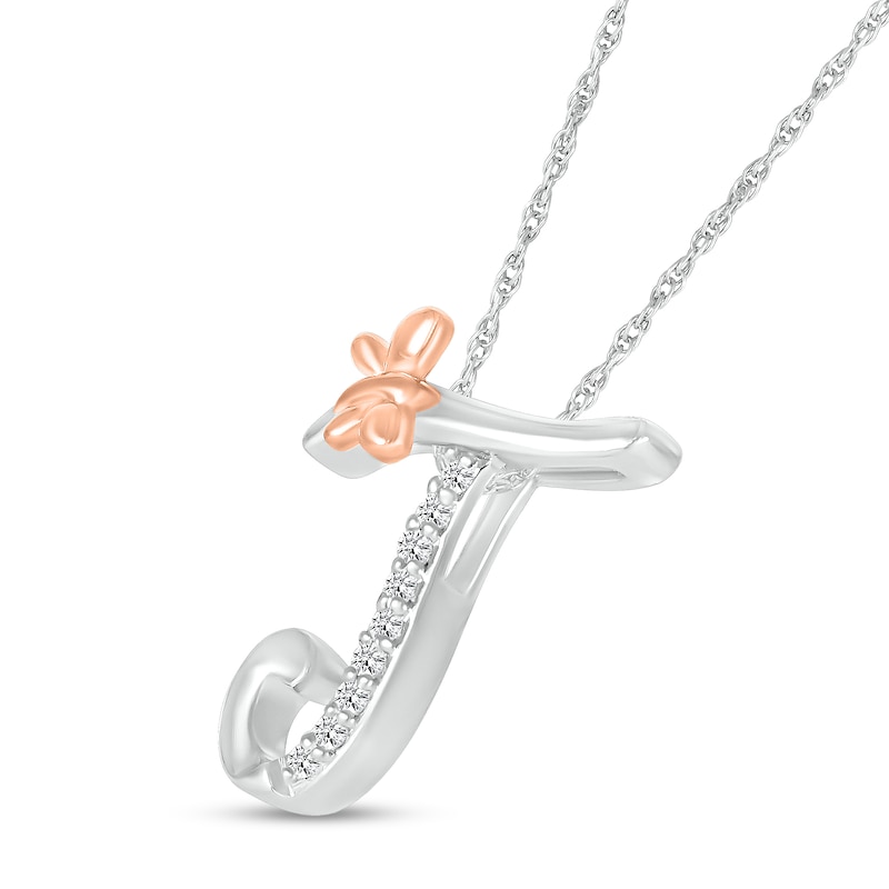 Main Image 2 of 1/20 CT. T.W. Diamond Cursive &quot;J&quot; with Butterfly Pendant in Sterling Silver and 10K Rose Gold