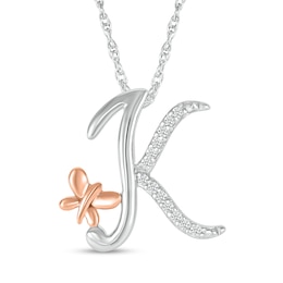 1/20 CT. T.W. Diamond Cursive &quot;K&quot; with Butterfly Pendant in Sterling Silver and 10K Rose Gold