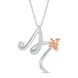 1/20 CT. T.W. Diamond Cursive &quot;M&quot; with Butterfly Pendant in Sterling Silver and 10K Rose Gold