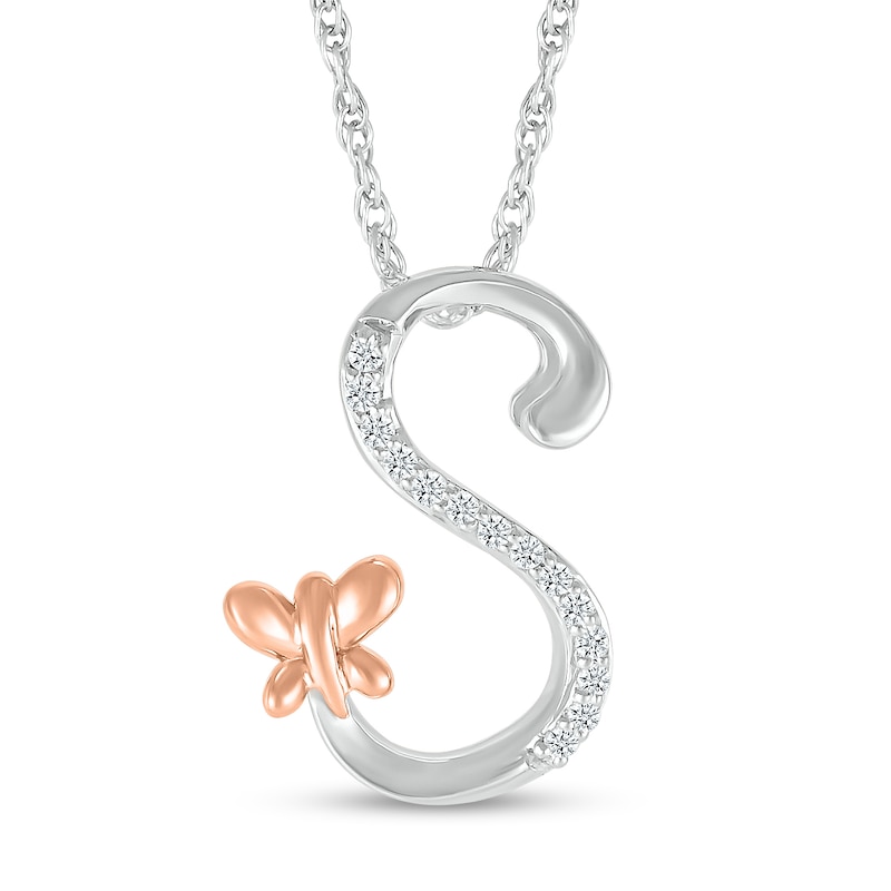 1/20 CT. T.W. Diamond Cursive "S" with Butterfly Pendant in Sterling Silver and 10K Rose Gold