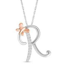 1/20 CT. T.W. Diamond Cursive &quot;R&quot; with Butterfly Pendant in Sterling Silver and 10K Rose Gold