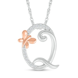 1/20 CT. T.W. Diamond Cursive &quot;Q&quot; with Butterfly Pendant in Sterling Silver and 10K Rose Gold