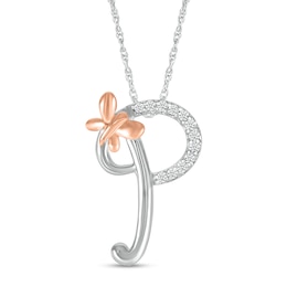 1/20 CT. T.W. Diamond Cursive &quot;P&quot; with Butterfly Pendant in Sterling Silver and 10K Rose Gold