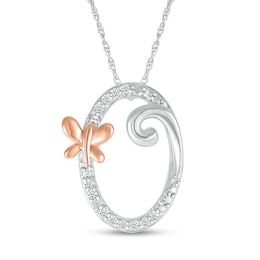 1/20 CT. T.W. Diamond Cursive &quot;O&quot; with Butterfly Pendant in Sterling Silver and 10K Rose Gold