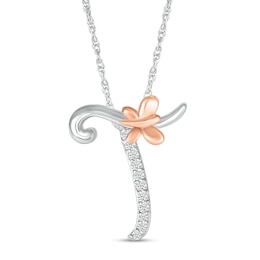 1/20 CT. T.W. Diamond Cursive &quot;T&quot; with Butterfly Pendant in Sterling Silver and 10K Rose Gold