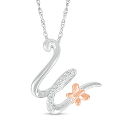 1/20 CT. T.W. Diamond Cursive &quot;W&quot; with Butterfly Pendant in Sterling Silver and 10K Rose Gold