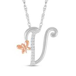 1/20 CT. T.W. Diamond Cursive &quot;V&quot; with Butterfly Pendant in Sterling Silver and 10K Rose Gold