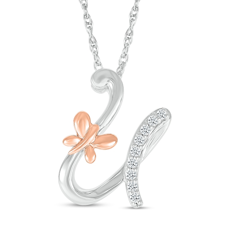 Main Image 1 of 1/20 CT. T.W. Diamond Cursive &quot;U&quot; with Butterfly Pendant in Sterling Silver and 10K Rose Gold