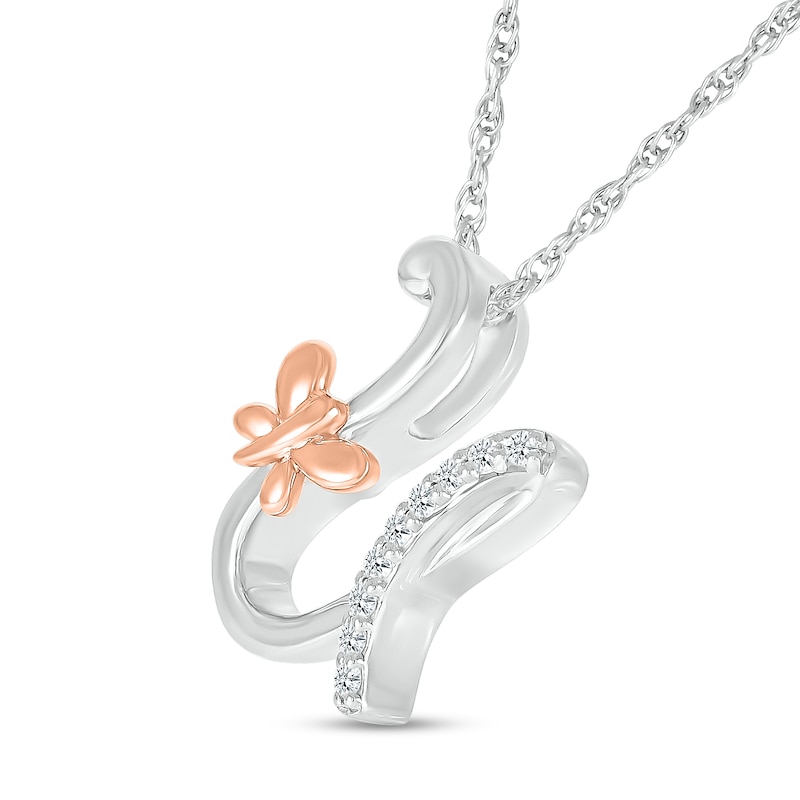 Main Image 2 of 1/20 CT. T.W. Diamond Cursive &quot;U&quot; with Butterfly Pendant in Sterling Silver and 10K Rose Gold