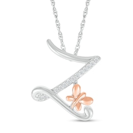 1/20 CT. T.W. Diamond Cursive &quot;Z&quot; with Butterfly Pendant in Sterling Silver and 10K Rose Gold