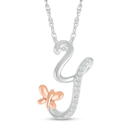 1/20 CT. T.W. Diamond Cursive &quot;Y&quot; with Butterfly Pendant in Sterling Silver and 10K Rose Gold