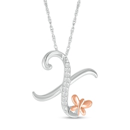 1/20 CT. T.W. Diamond Cursive &quot;X&quot; with Butterfly Pendant in Sterling Silver and 10K Rose Gold