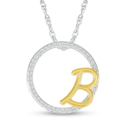 1/10 CT. T.W. Diamond Circle with &quot;B&quot; Initial Pendant in Sterling Silver and 10K Gold