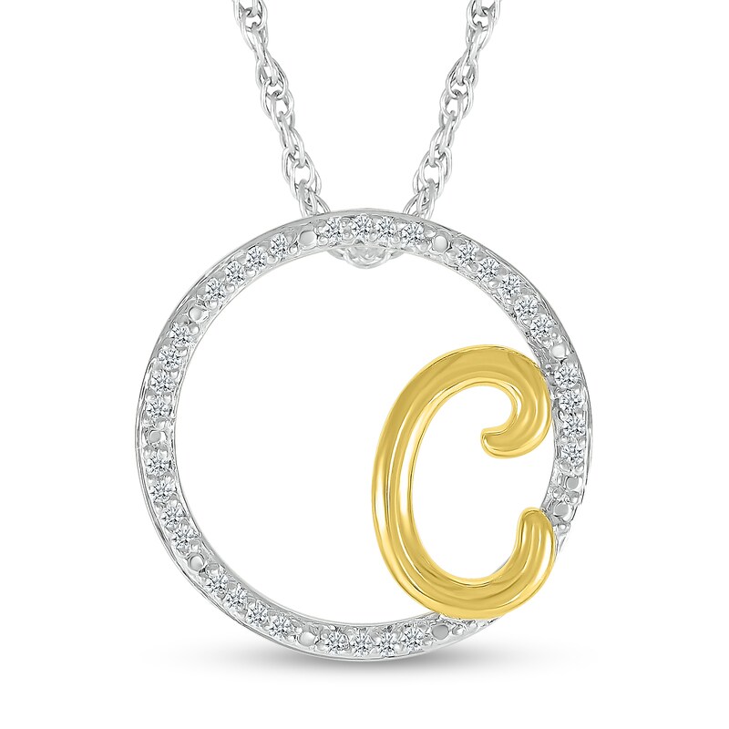 Main Image 1 of 1/10 CT. T.W. Diamond Circle with &quot;C&quot; Initial Pendant in Sterling Silver and 10K Gold