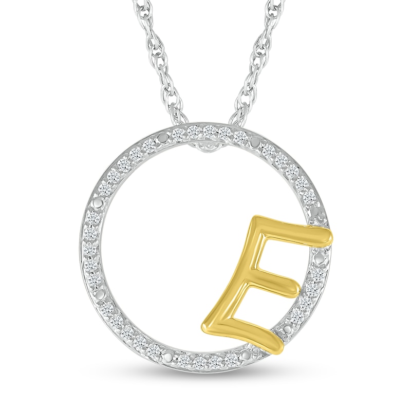 Main Image 1 of 1/10 CT. T.W. Diamond Circle with &quot;E&quot; Initial Pendant in Sterling Silver and 10K Gold