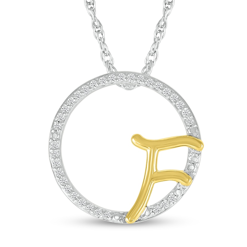 Main Image 1 of 1/10 CT. T.W. Diamond Circle with &quot;F&quot; Initial Pendant in Sterling Silver and 10K Gold