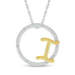 1/10 CT. T.W. Diamond Circle with &quot;I&quot; Initial Pendant in Sterling Silver and 10K Gold