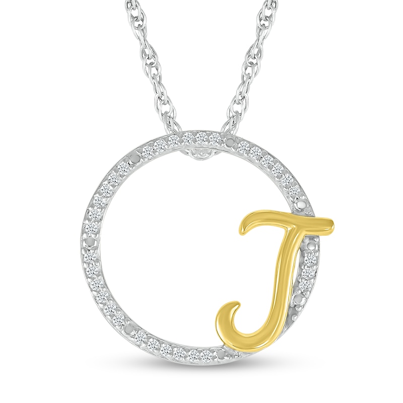 Main Image 1 of 1/10 CT. T.W. Diamond Circle with &quot;J&quot; Initial Pendant in Sterling Silver and 10K Gold