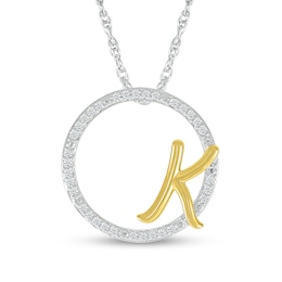 1/10 CT. T.W. Diamond Circle with &quot;K&quot; Initial Pendant in Sterling Silver and 10K Gold