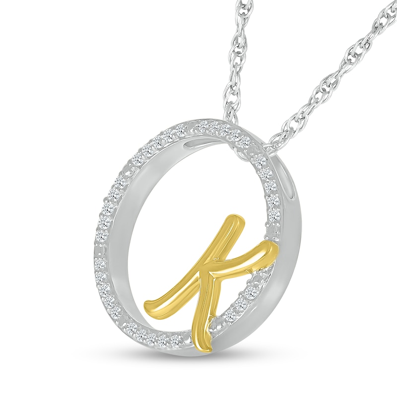 1/10 CT. T.W. Diamond Circle with "K" Initial Pendant in Sterling Silver and 10K Gold