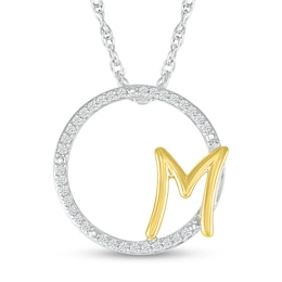 1/10 CT. T.W. Diamond Circle with &quot;M&quot; Initial Pendant in Sterling Silver and 10K Gold