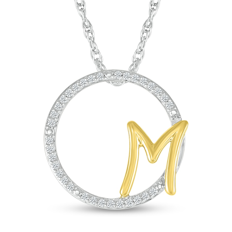 Main Image 1 of 1/10 CT. T.W. Diamond Circle with &quot;M&quot; Initial Pendant in Sterling Silver and 10K Gold