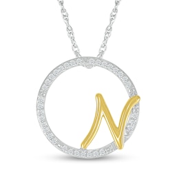 1/10 CT. T.W. Diamond Circle with &quot;N&quot; Initial Pendant in Sterling Silver and 10K Gold