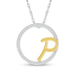 1/10 CT. T.W. Diamond Circle with &quot;P&quot; Initial Pendant in Sterling Silver and 10K Gold