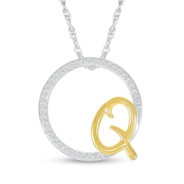 1/10 CT. T.W. Diamond Circle with &quot;Q&quot; Initial Pendant in Sterling Silver and 10K Gold