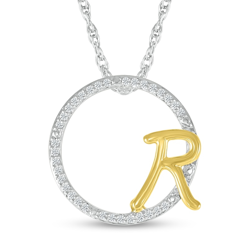 Main Image 1 of 1/10 CT. T.W. Diamond Circle with &quot;R&quot; Initial Pendant in Sterling Silver and 10K Gold