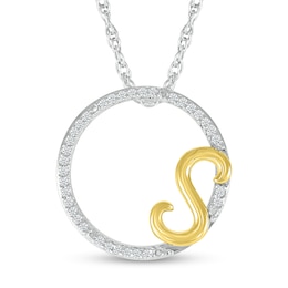 1/10 CT. T.W. Diamond Circle with &quot;S&quot; Initial Pendant in Sterling Silver and 10K Gold