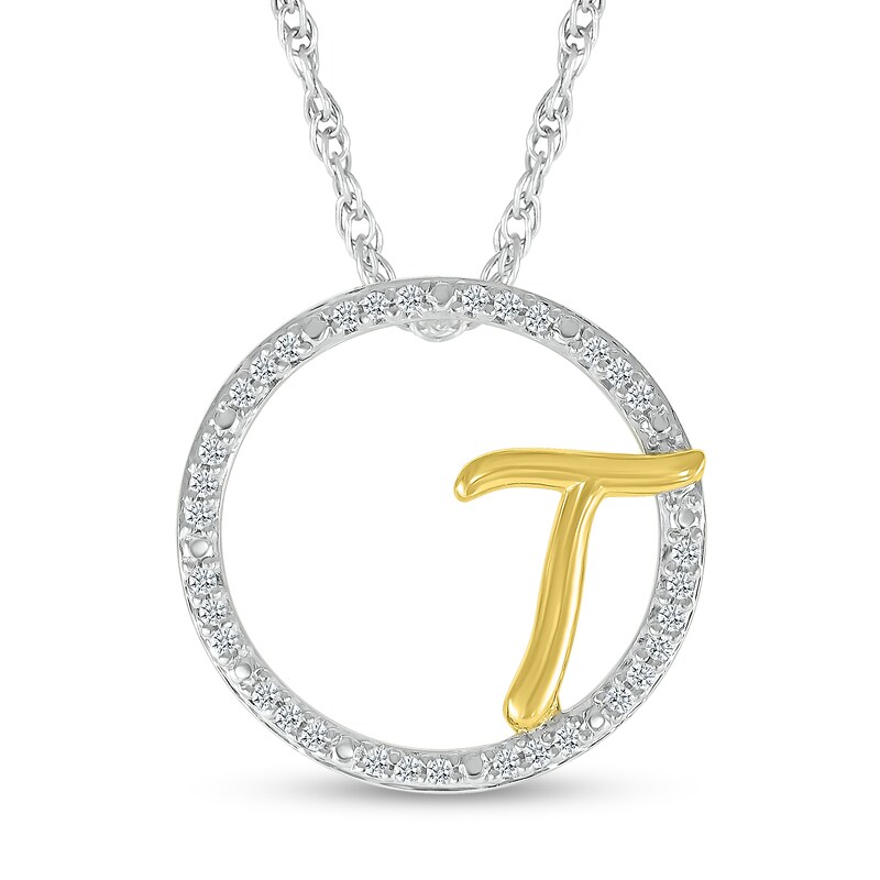 Main Image 1 of 1/10 CT. T.W. Diamond Circle with &quot;T&quot; Initial Pendant in Sterling Silver and 10K Gold