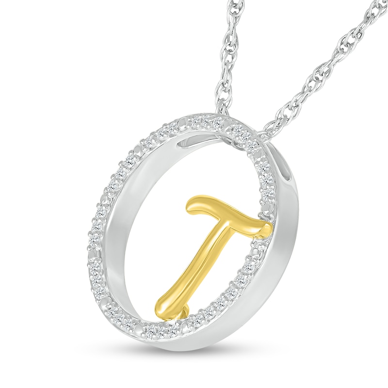 Main Image 2 of 1/10 CT. T.W. Diamond Circle with &quot;T&quot; Initial Pendant in Sterling Silver and 10K Gold