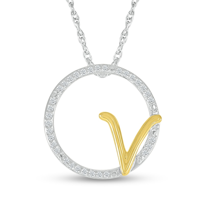 1/10 CT. T.W. Diamond Circle with "V" Initial Pendant in Sterling Silver and 10K Gold