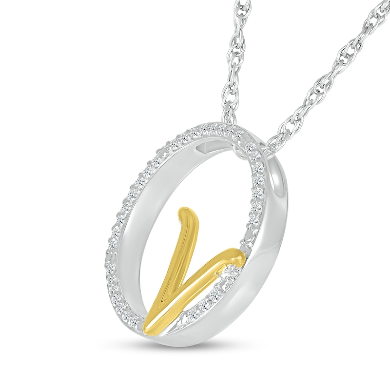 1/10 CT. T.W. Diamond Circle with "V" Initial Pendant in Sterling Silver and 10K Gold